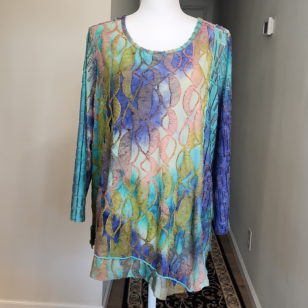 Ali Miles Watercolor Textured Tunic Blouse 1X Asymmetrical Boho